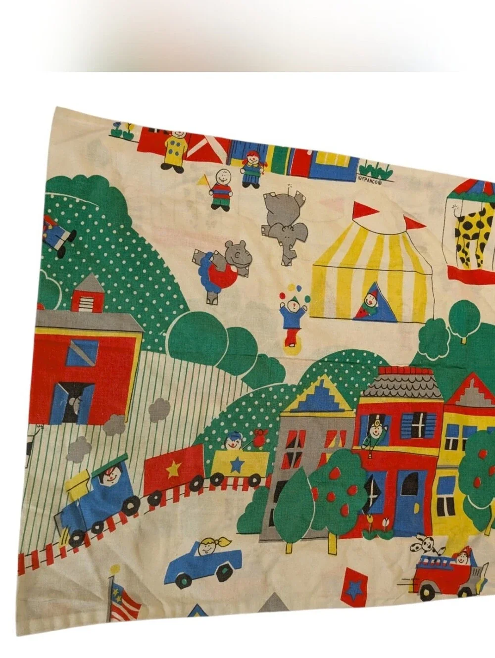 Vintage Franco Retro Circus Theme Kids Pillowcase Carnival Tent Elephants Circus
